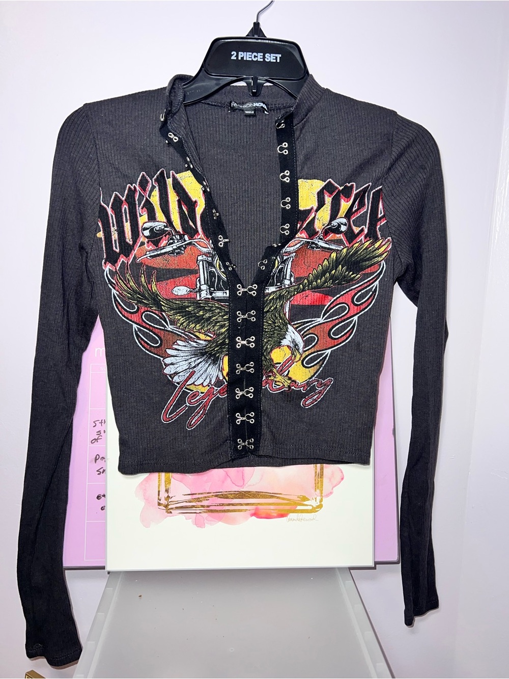 Fashion Nova Black Graphic Eagle Lace-Up Long Sleeve Top